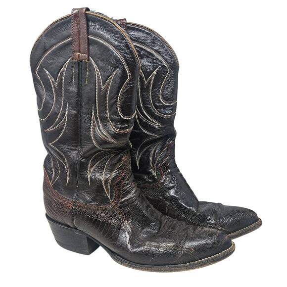 Vintage 10 Cowboy Boot Brown Leather Stitched Croc Western Boho Handmade